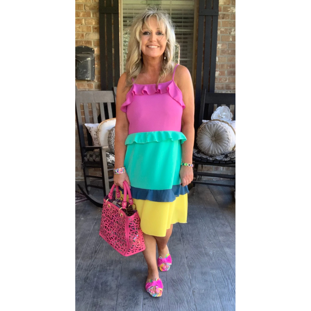 NWT Haptics Plus size womens 2x tiered ruffle midi dress purple blue yellow